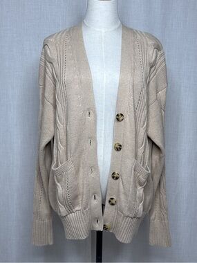 Minnie Rose Cable Knit Cotton Cashmere Cardigan Light Oatmeal Beige O/S
